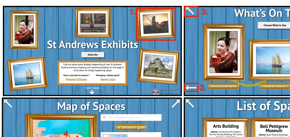 Art Gallery design — displays shown as framed exhibits on paneled walls