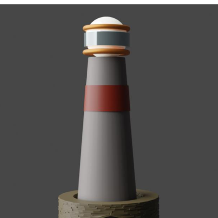 Rendered 3D model of a lighthouse on a rocky base
