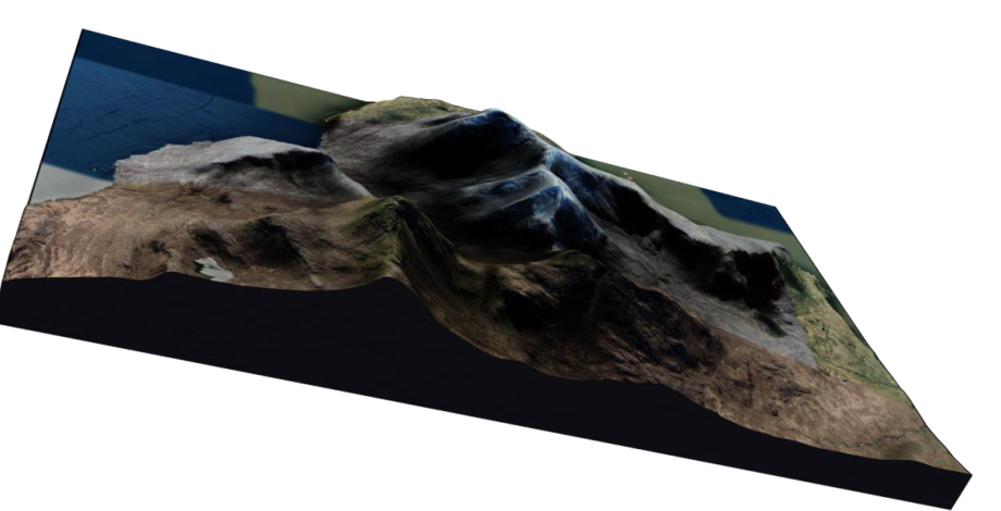Rendered 3D terrain reconstructed from satellite and elevation data